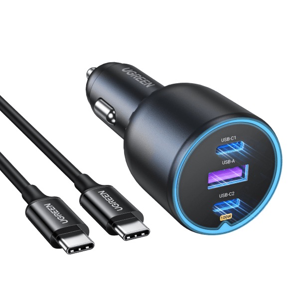 UGREEN 130W USB C Car Charger, PD 100W + PD 30W, 3-Port Cigarette Lighter Adapter with LED Display