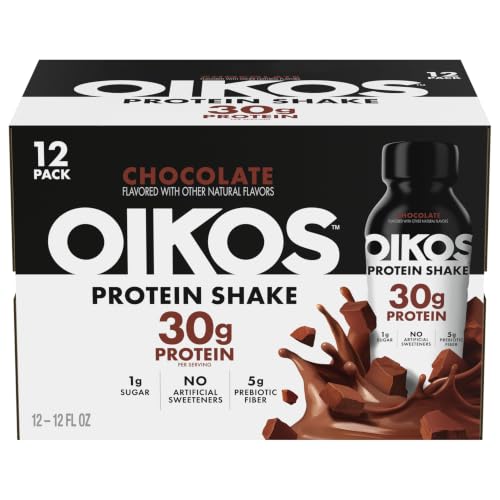 Amazon listing image: Oikos Shelf Stable Protein Shake 30g, Chocolate, 12 containers