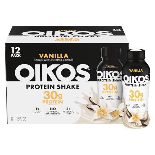 Amazon listing image: Oikos Shelf Stable Protein Shake 30g, Vanilla, 12 containers